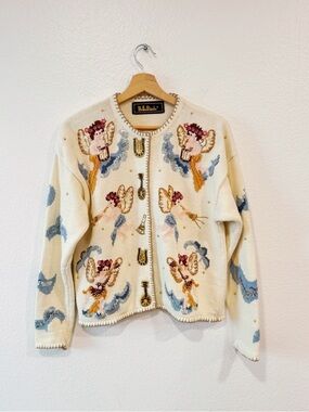 Vintage Belle Pointe Angels and Cherubs sequin embellished cream knit cardigan
